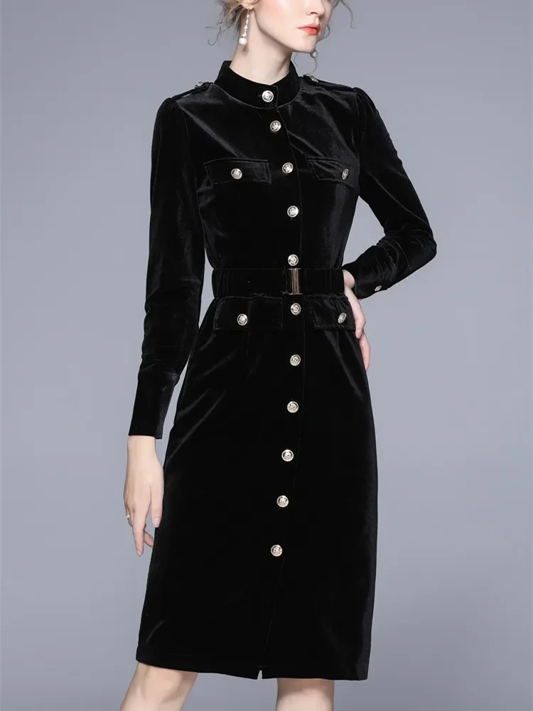 

2023 Hot Sale Runway Velvet Dress Women Stand Long Sleeve Metal Single Breasted Pocket Sashes Thick Warm Midi Vestidos