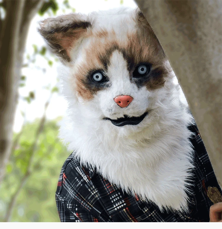 Simulation Wildbeast Cute Cat Headgear Man Wearing Simulation Mask Plush Full Face Cute Funny Ragdoll Cat Mouth Movable