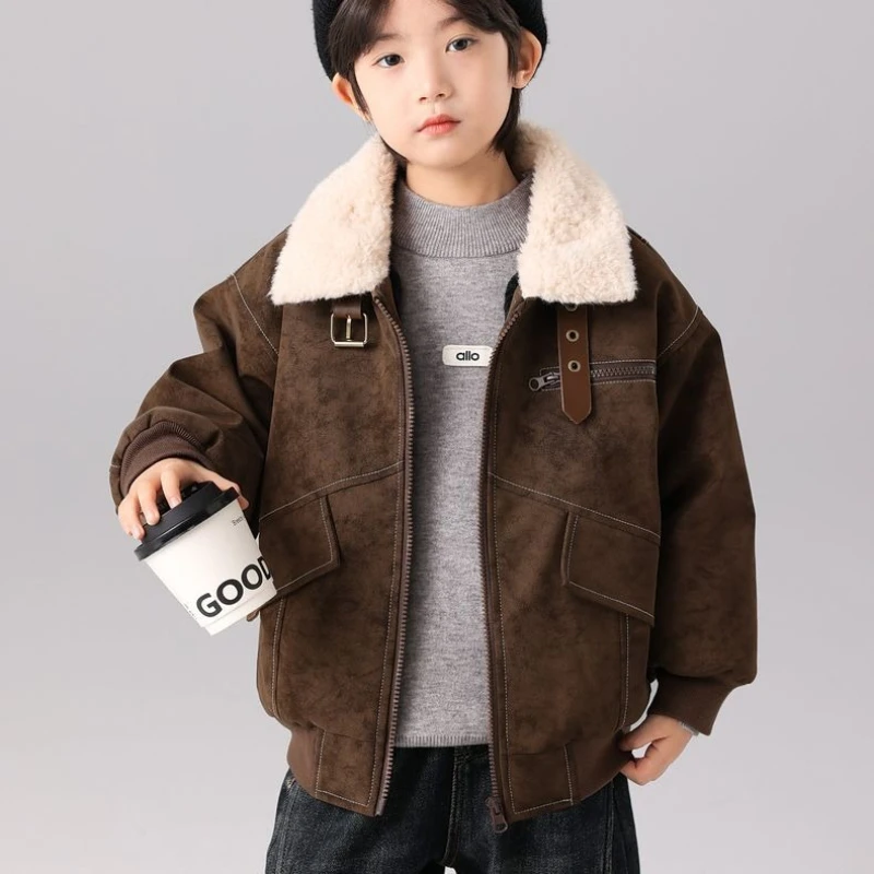 Boys Winter Jacket 2026 New Fleece Lined Thickened Warm Cotton Coat Kids Outerwear Casual Streetwear