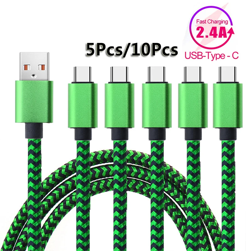

5 шт., 10 шт., USB-кабель типа C, синхронизация даты, 2,4 А, быстрая зарядка для мобильного телефона Samsung Android, нейлоновый плетеный провод, зарядный кабель