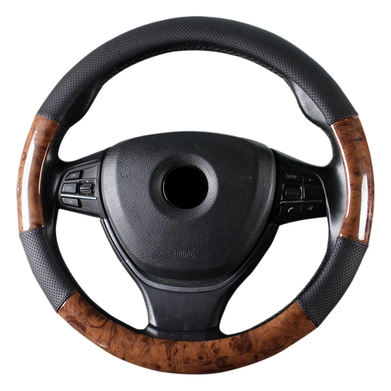 Luxury Car Steering Wheel Cover Mahogany Wood Pattern PU Leather Steering Cover