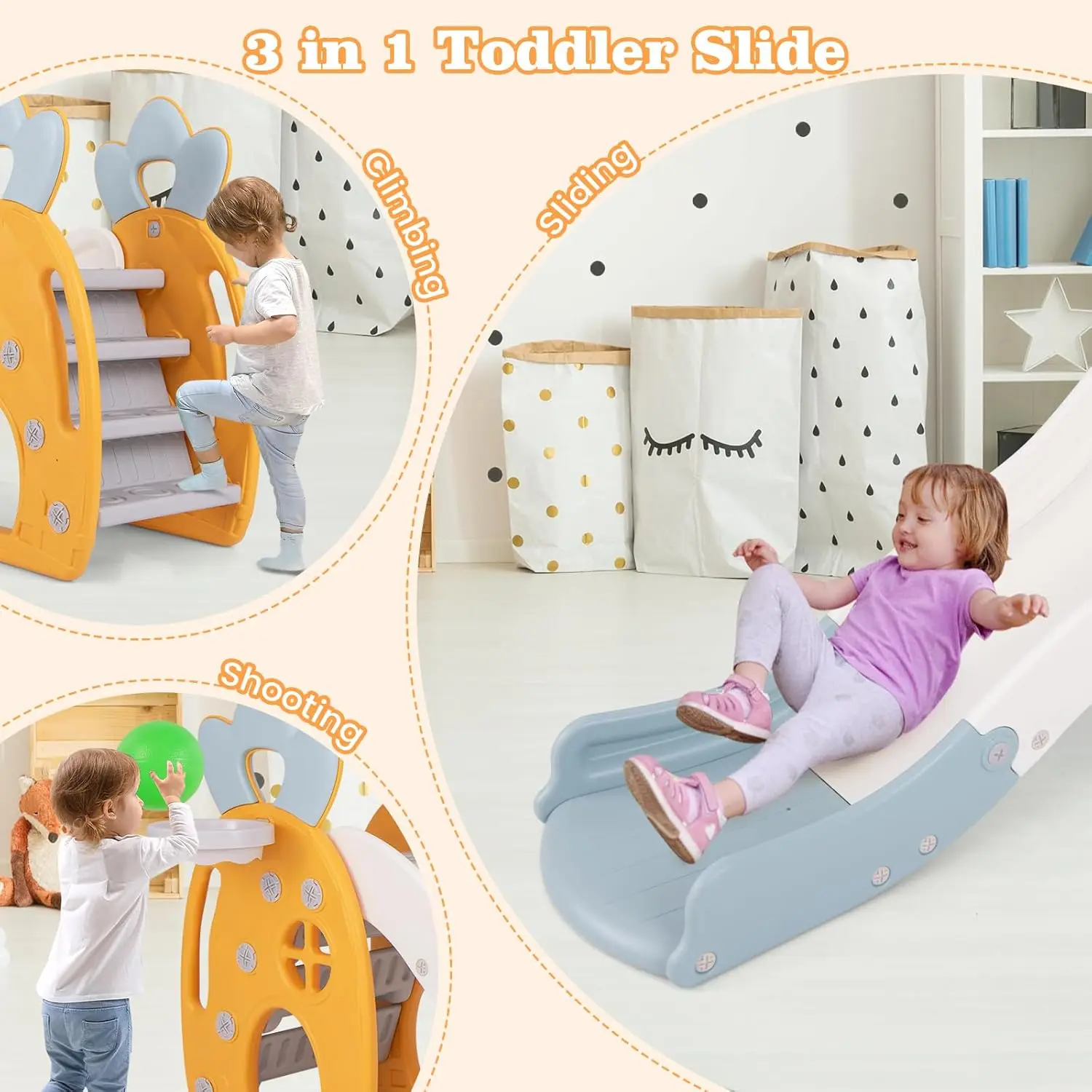 Scivolo per bambini, scivolo indipendente 3 in 1 per bambini, set da gioco per ananas per interni ed esterni con canestro da basket e palla, scalatore per scaletta