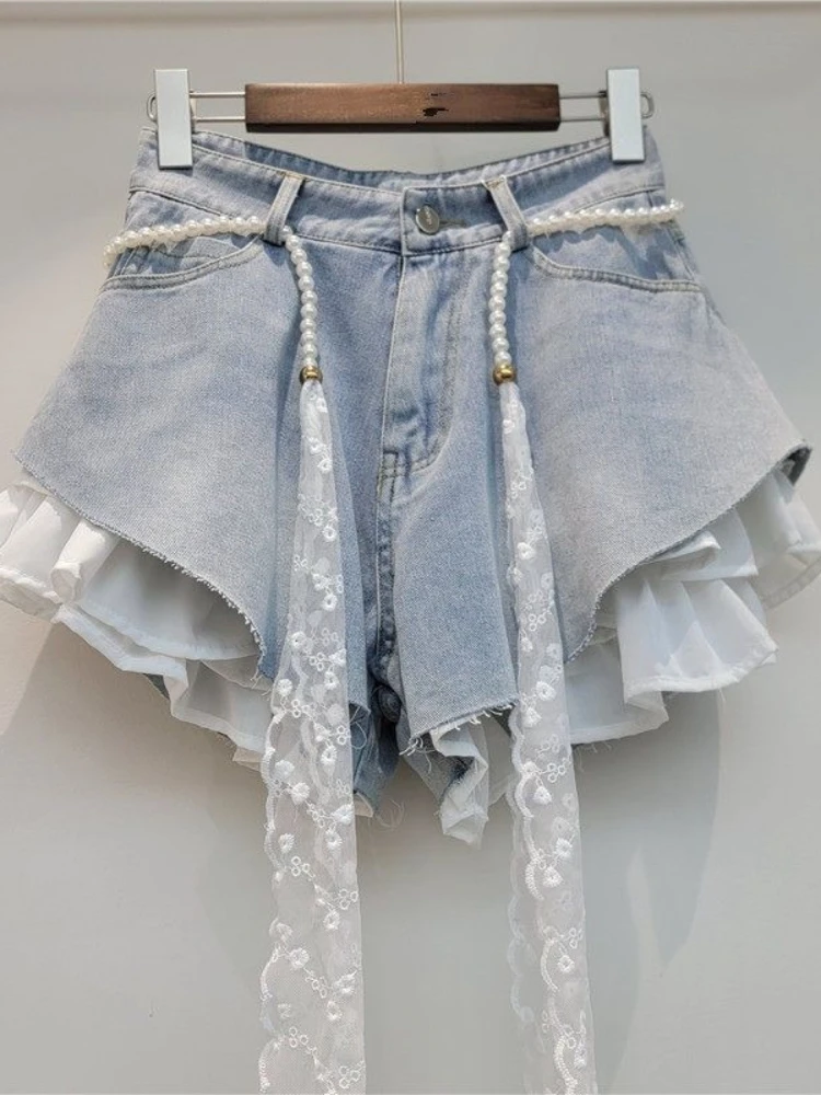 Fashion Elegant Denim Shorts High Waist Patchwork Pockets Female Slim Spicy Girl Short Pants Summer Design Sashes Women Clothing