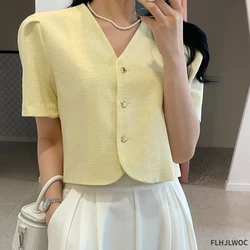 Chic Korea Short Crop Tops Blouses New Design Women Japan Girls Office Lady Button Short Sleeve White Shirts