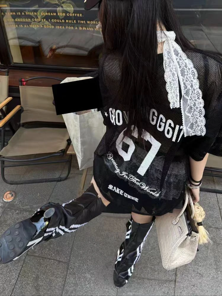 Seeslim Black Graphic T Shirts Short Sleeve Hollow Out 2000s Clothes Y2k Loose Women's T-shirt Summer Tops Goth Tees Gothic Chic