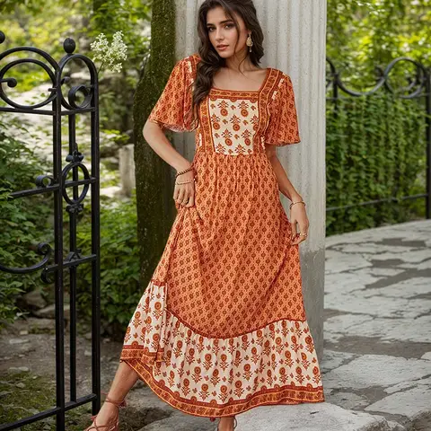 Vintage Square Collar Dress Sweet Floral Print Color Splicing Ruffle Edge Sleeves Wrinkles High Waist A-Line Dresses For Women