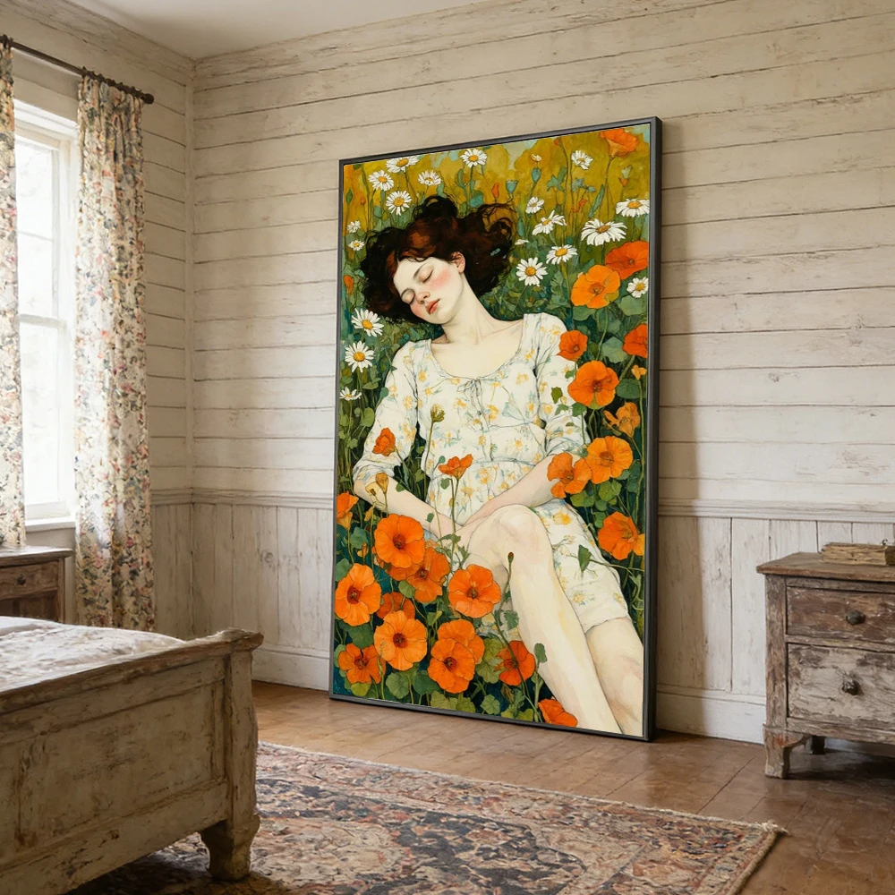 Large Frameless Canvas Wall Art,Gustav Klimt Style Canvas Wall Art Vintage Golden Floral Woman Poster Print for Living Room Home