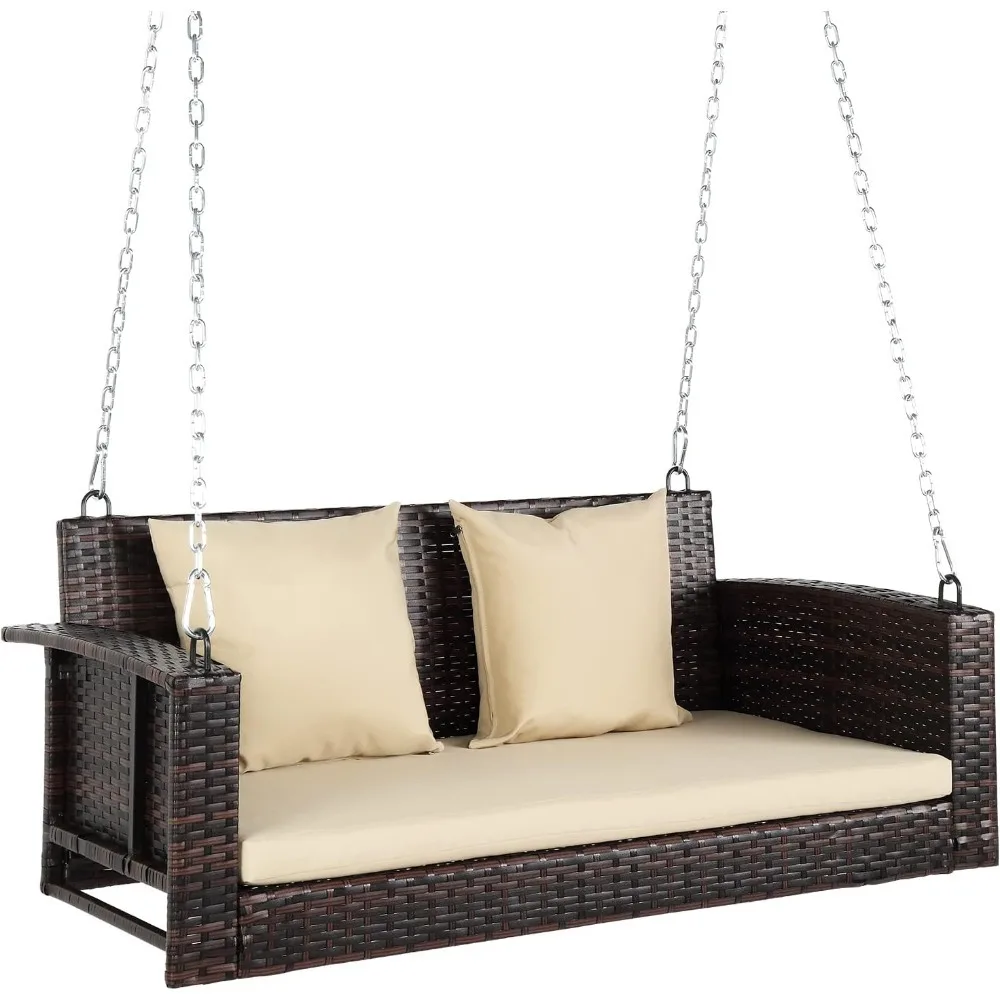 

Patio Swings, Heavy Duty 800 LBS Wicker Hanging Porch Swing with Cushions & Chains, 4FT Outdoor Rattan Swing Bench for Ga