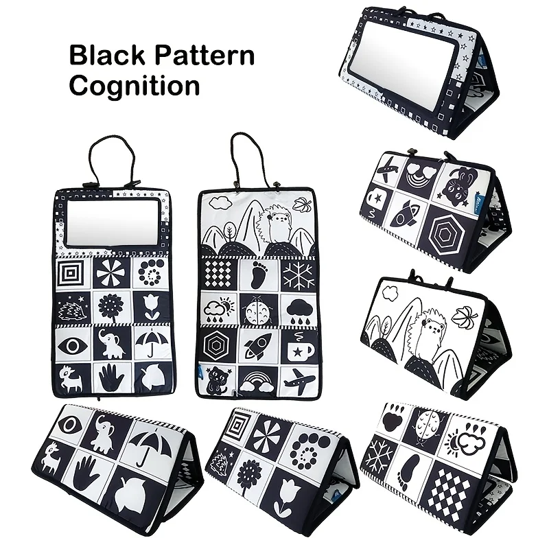 لعبة مرآة عالية التباين قابلة للطي بأشكال ملونة، حيوانات، كتاب ألغاز الفاكهة للشباب للتدريب الحسي باللونين الأبيض والأسود