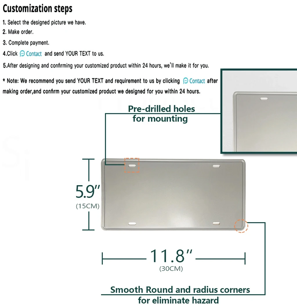 Custom tinplate License Plate with 4 Holes Front Car Personalized  Design Your Text Photo Logo Name Durable Metal Tag12 * 6 inch