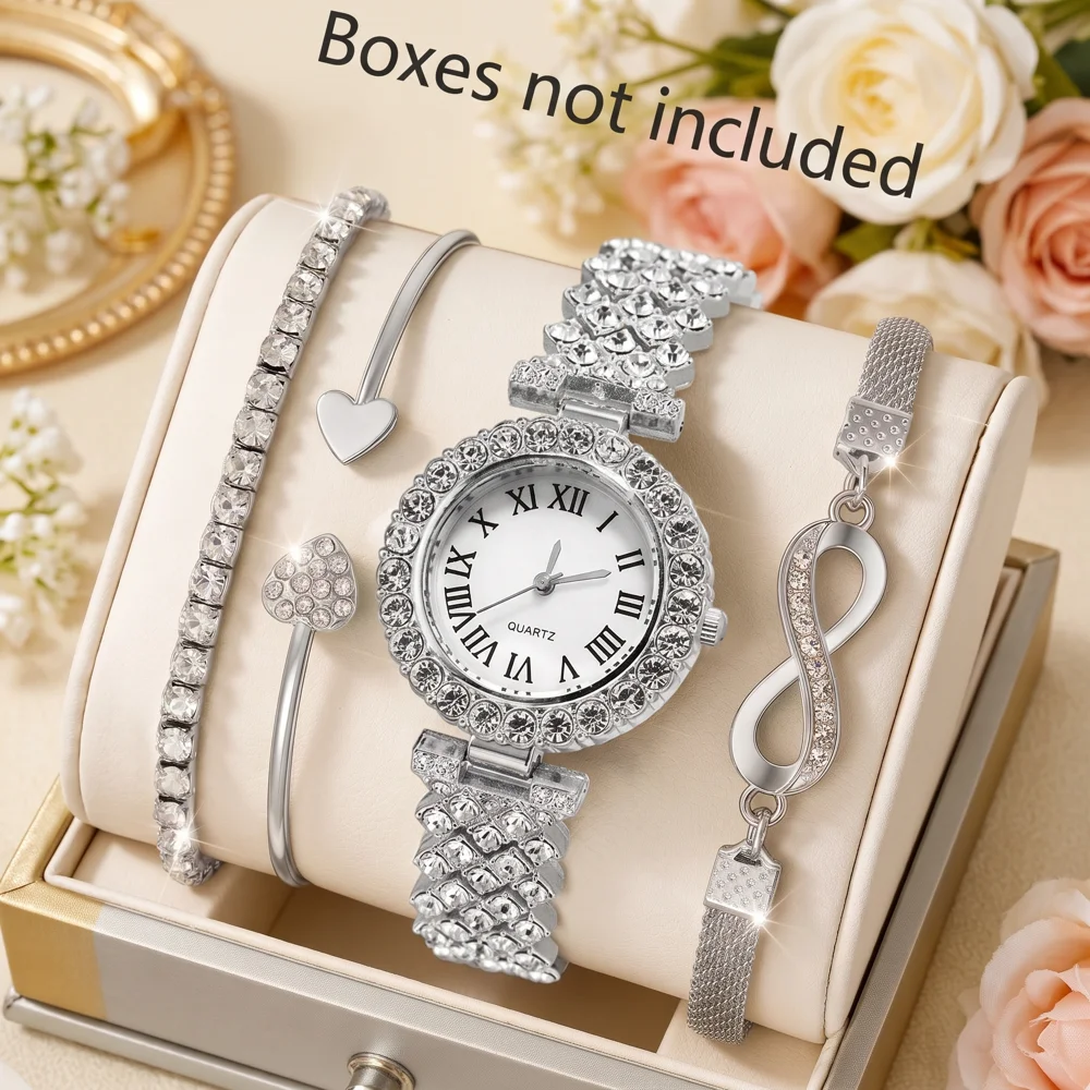 4Pcs/Set Unisex Jewelry Watches Women's Wristwatch Accessories Silver Trendy Fashionable Elegant Classic Exquisite Light Luxury Rhinestone Luxury Roman Numeral Dial Round Dial Quartz Watch Set Y2K Suitable for Daily Outfits Perfect Holiday Gift