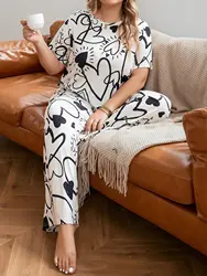 2-piece set of plus size women's casual heart printed short sleeved round neck T-shirt&long pants sleepwear home clothes