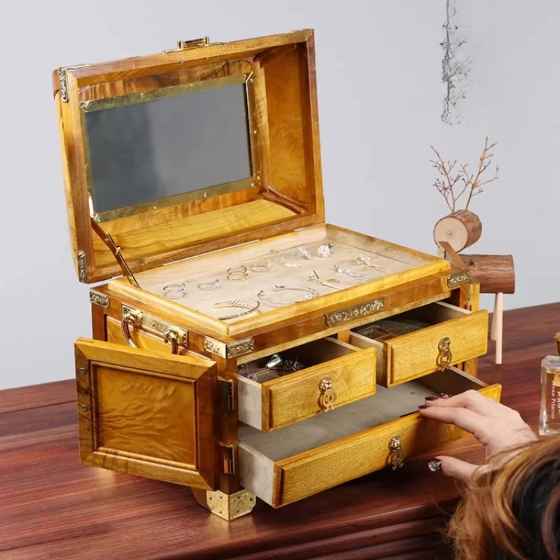 Golden Phoebe Jewelry Box Ancient Style Solid Wood Rosewood Ornament Case High Grade Small Leaf Phoebe Storage Box Wedding Gift