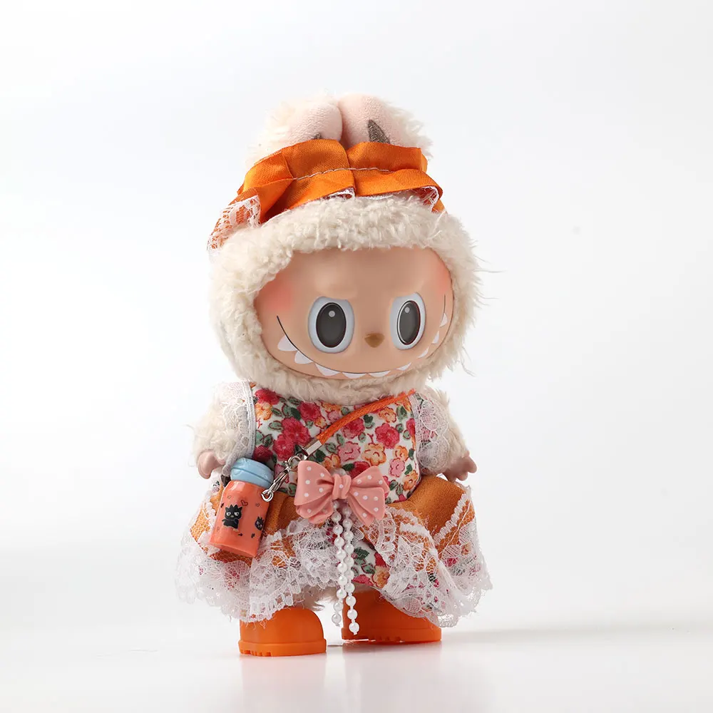 ชุดเสื้อผ้าตุ๊กตา Labubu คุณภาพสูง ขนาด 15-17 ซม. กระโปรงลายพิมพ์สีส้มทันสมัย พร้อมรองเท้า ชุด 4 ชิ้น สำหรับตุ๊กตา Labubu ทุกแบบ