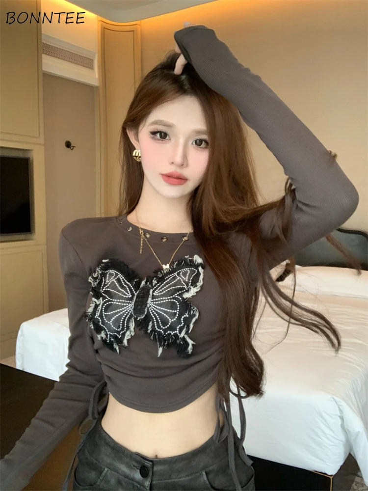

Y2k T-shirts Women Butterfly Patchwork Drawstring Basic Cropped Tops Streetwear Hip Hop Sexy Hotsweet Aesthetic Clothing Ins