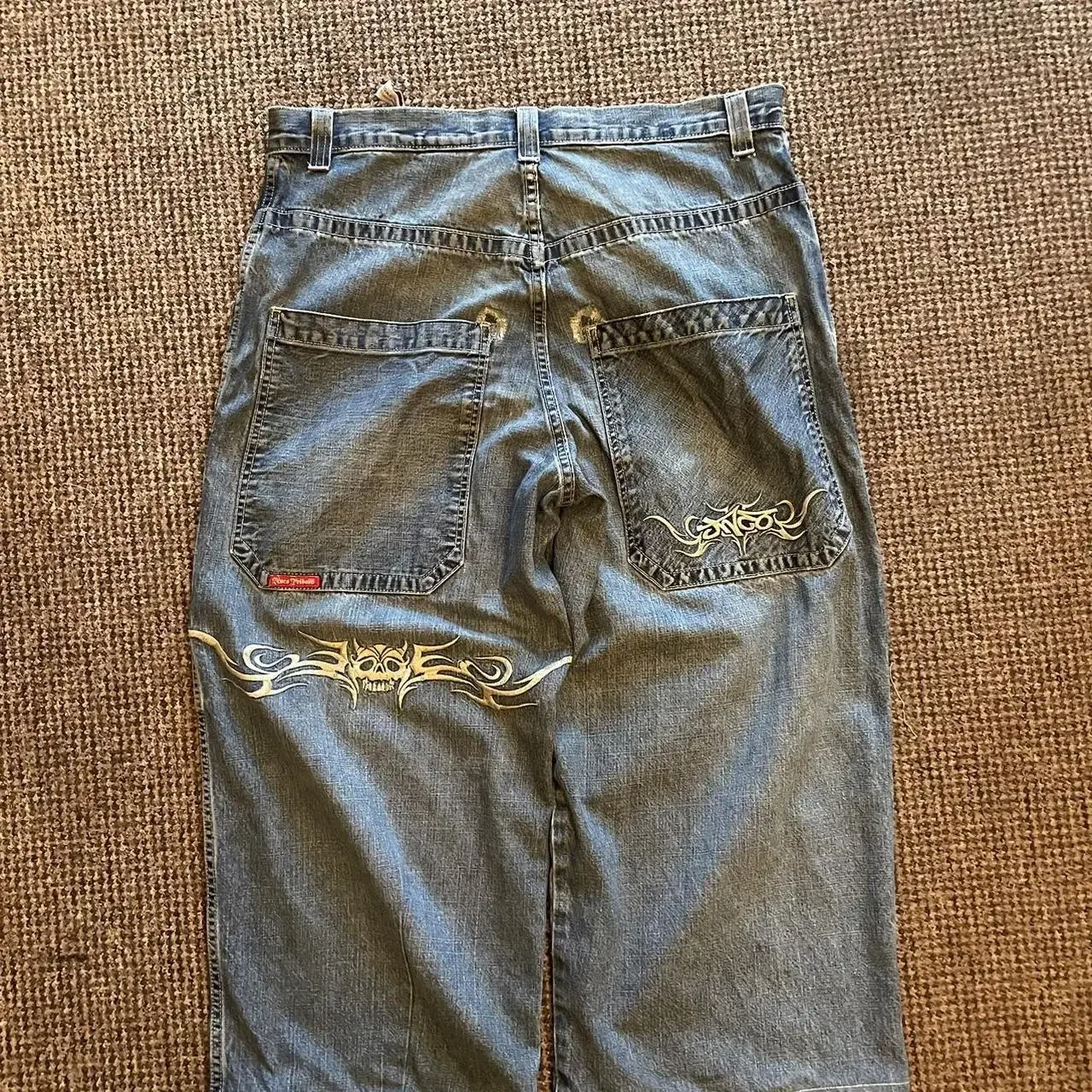 JNCO Jeans Y2K spodnie męskie Harajuku Hip Hop haft graficzny niebieskie w stylu Retro workowate dżinsy gotyckie spodnie z wysokim stanem szerokie spodnie Streetwear