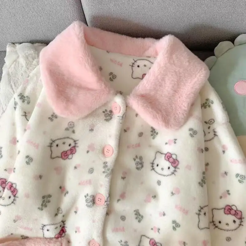 

Sanrio Hello Kitty Women's Doll Collar Flannel Long Sleeve Pants Pajamas Set Cute Warm Autumn Winter Home Loungewear Sleepwear