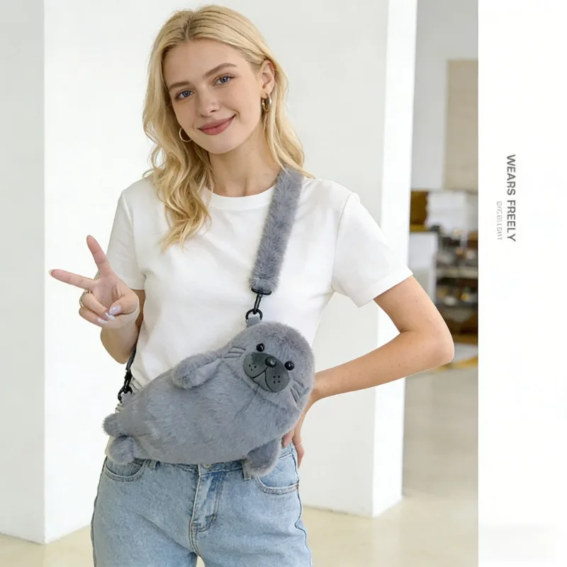 

Fur Seal Plush Bag Cute Grey Seal Handbag Kawaii Sea Animal Crossbag Makeup Bag for Women White Seal Phone Bag Birthday Gifts