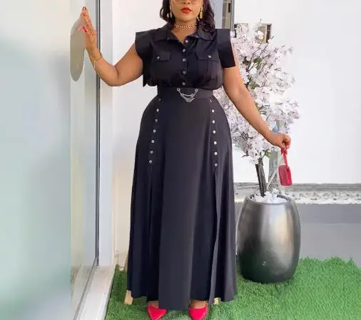 

Комплект из двух предметов, женский наряд, весна 2025 г., элегантная однотонная рубашка без рукавов с отложным воротником и длинная юбка с высокой талией и разрезом