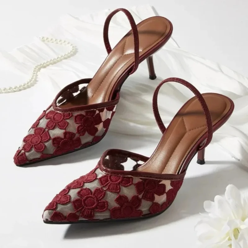 

Elegant Embroidered Floral Mesh Slingback Pumps Women Fashion Pointed-toe Back Strap Stiletto Sandal Luxury Brand Designer Shoes