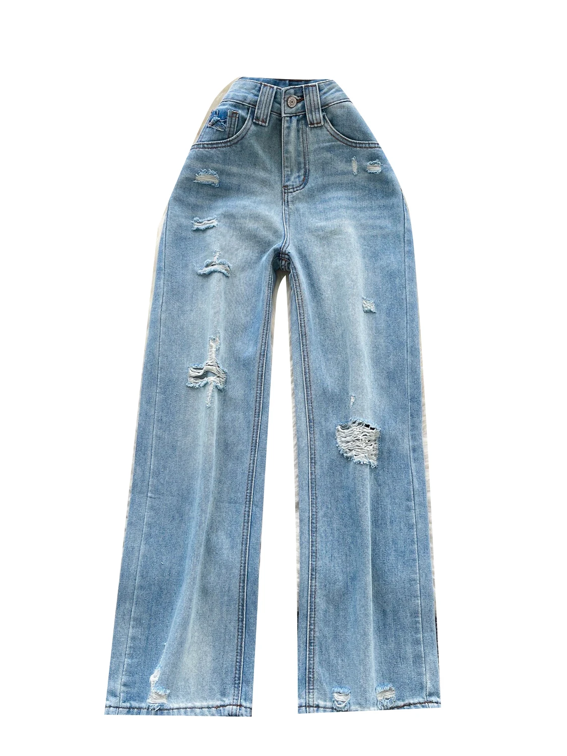 Jeans coreani Faion a vita alta in denim Design da donna Sensation Piccolo foro Cro Pantaloni larghi dimagranti larghi casual