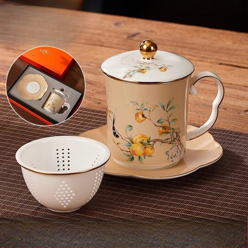tea cup office gift box set personal special ceramic cup large capacity, all the best - almond four-piece set 1 400ml