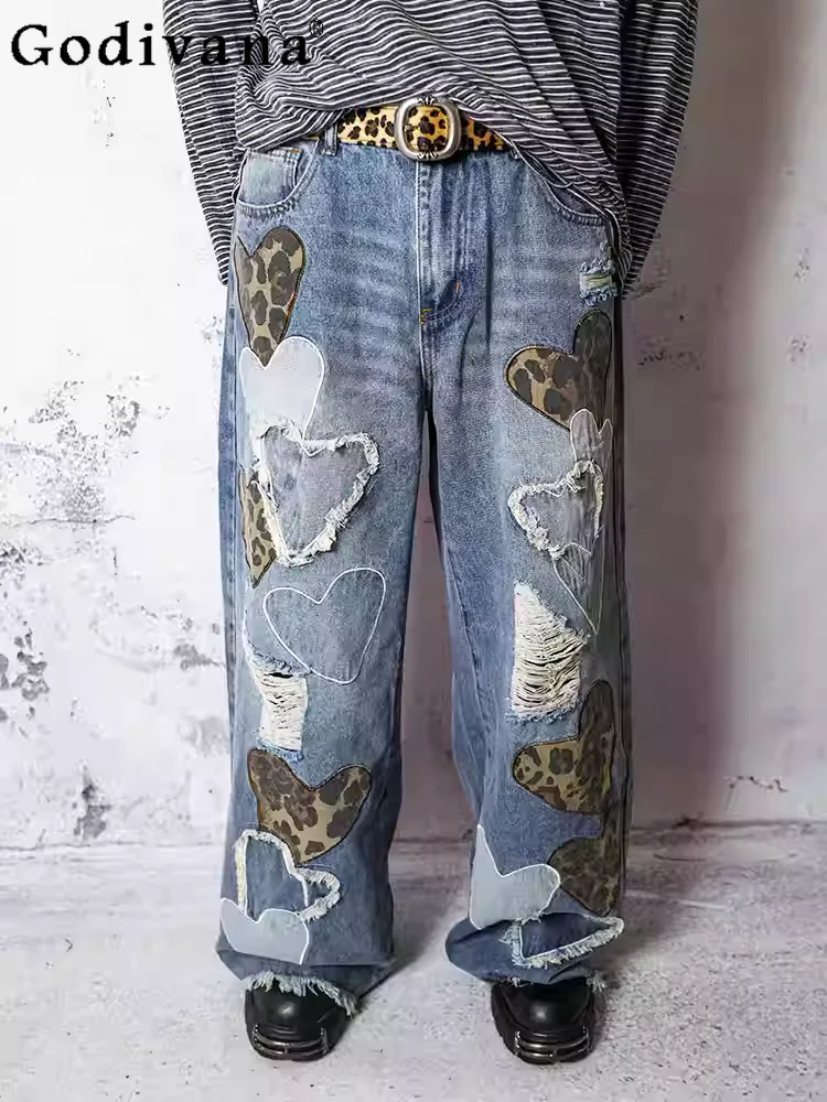 

Spring Autumn New Fashion Women Y2K Subculture Leopard Print Ripped Loose Street Wide-Leg Jeans Sky Blue Punk Versatile Pants
