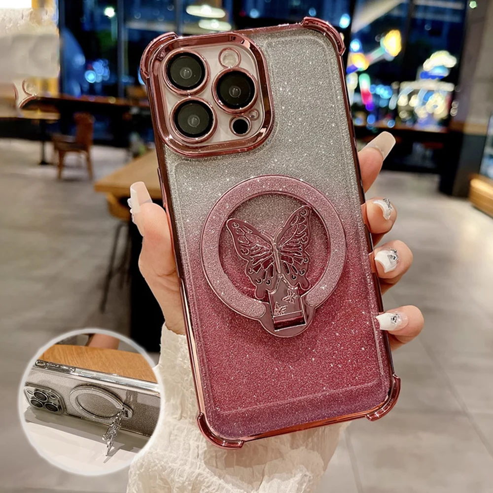 Butterfly Bracket Plating Glitter Phone Case For Samsung Galaxy A12 A22 A32 A52 A52S A13 A23 A33 A53 A73 4G 5G Shockproof Cover