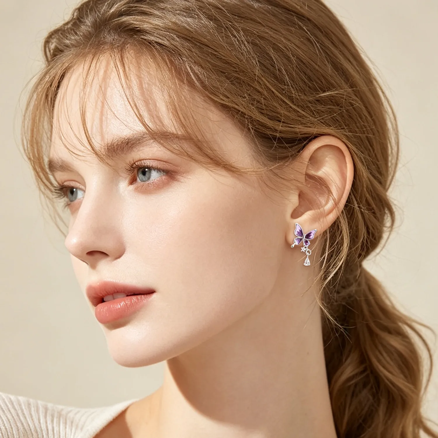 Cycuff S925 Sterling Silver Purple Butterfly Stud Earrings For Lady S925 Jewelry Party Anniversary Trendy Original Gifts