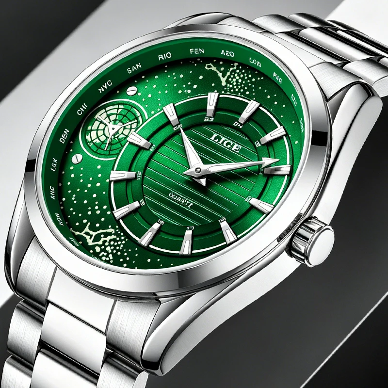 

LIGE Men Watch Luxury Green Dial World Map Time Zone Quartz Wristwatch Waterproof Luminous Business Dress Clock Reloj Hombre