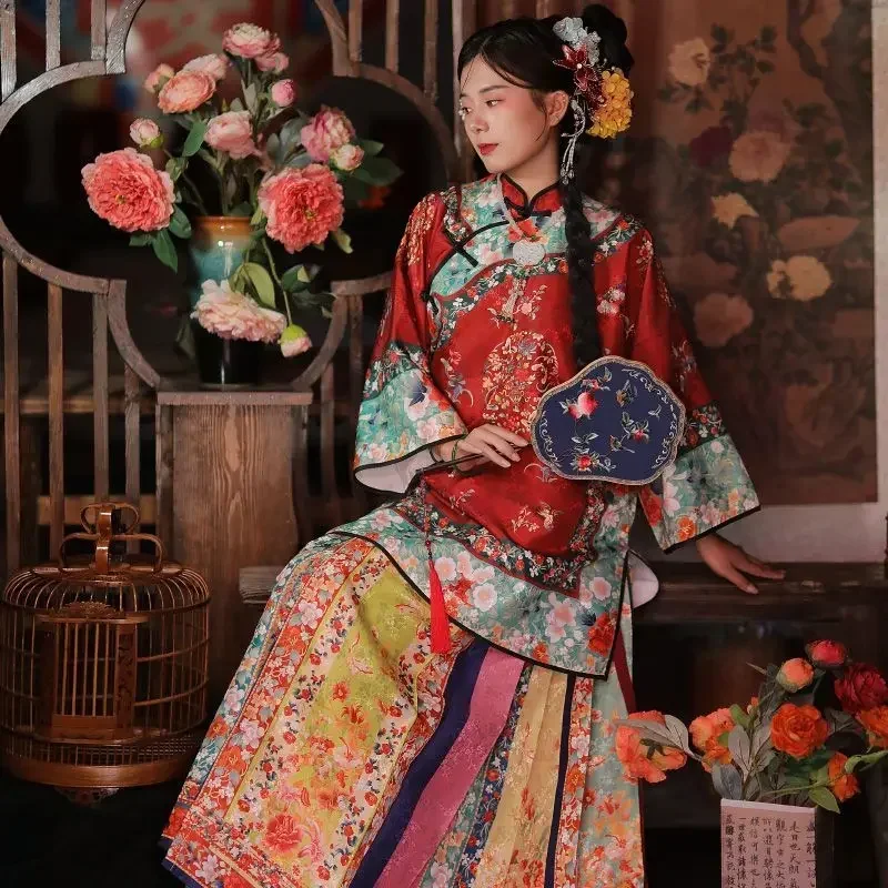 

Hanfu Top Women Antique Horse Face Dresses Vestidos Chinos Original Heavy Industry Qing Dynasty Red Flowers Printed Loose