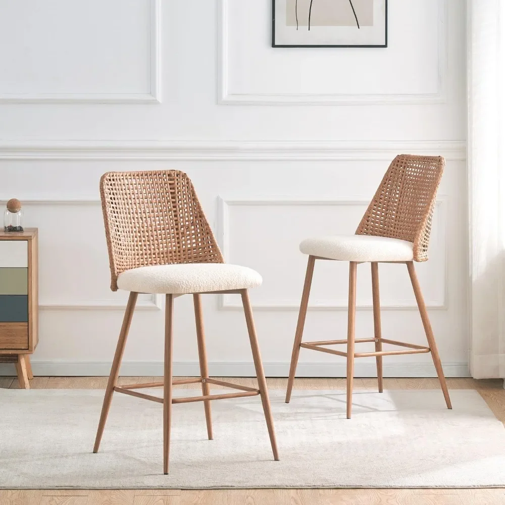 Rattan Counter Height Bar Stools, Upholstered Boucle Barstools with PE Rattan Back,Stools Armless Bar Chairs