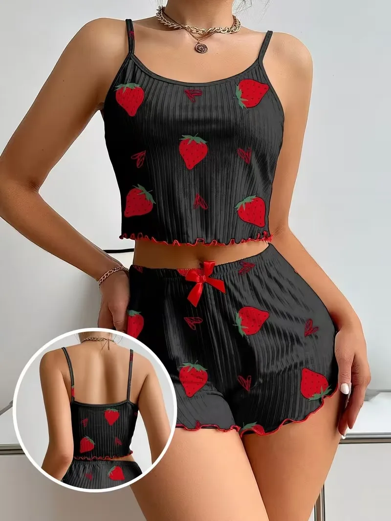 Women's Sexy Strawberry Printed 2 pieces Black Set Lettuce Frill Trim Casual Pajama Set Bow Front Round Neck Backless Sleepwear