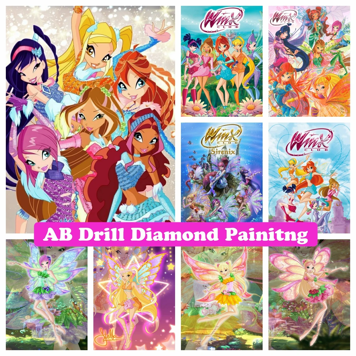 Winx Club Anime 5D AB Diamond Painting Mosaic Embroidery Cartoon Cross Stitch Handmade Craft Rhinestones Home Decor Kids Gift