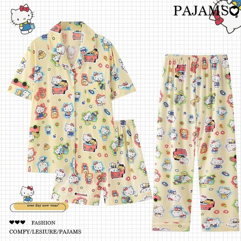 

3Pcs Cute Women's Pajamas Sets Cartoon Hello Kitty Summer Kawaii Nightgown Set Soft Sleep Tops Pants Sweet Girls Sleepwear Suits