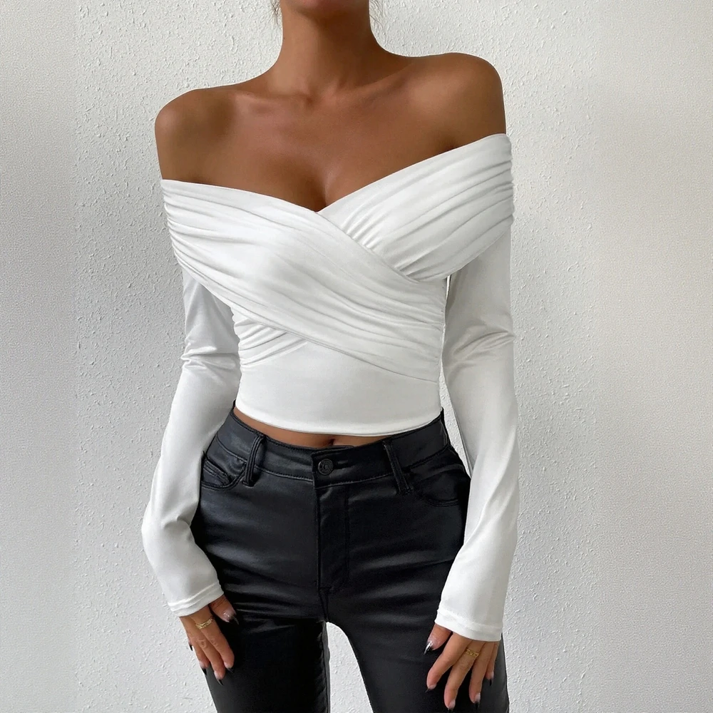 

Женские футболки, осень-зима 2022, шикарные элегантные французские модные однотонные сексуальные клубные футболки с длинными рукавами и открытыми плечами