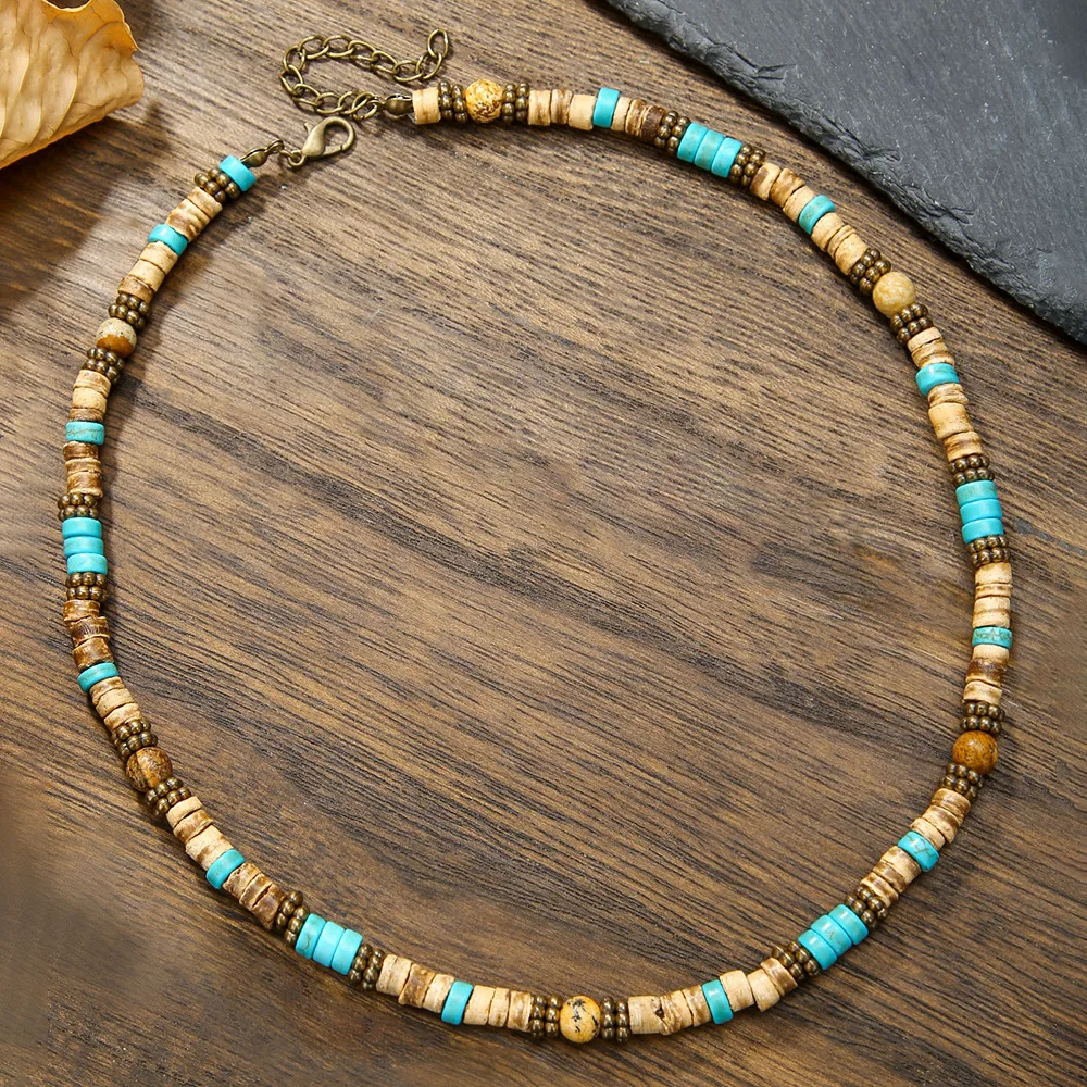 1PC Fashion Vintage Man's Light Coffee Color Coconut Shell Necklace for Men Bohemia Wooden Beaded Surfer Necklace Men Jewelry
