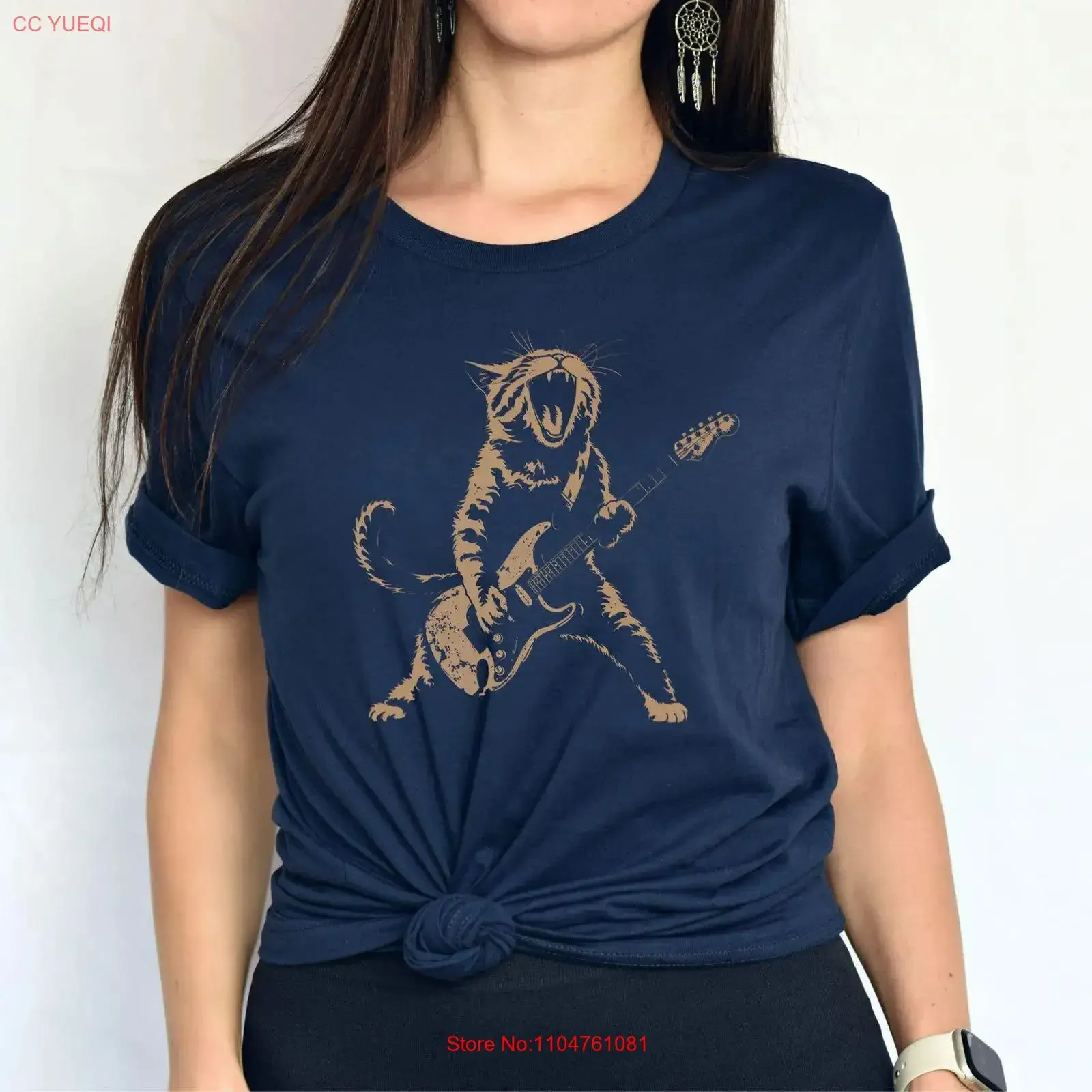 Rock Cat Playing Guitar T Shirt Funny Mom Dad Cool Print Themed s Lovers for Her vintage Washed Unisex fashion Breathable