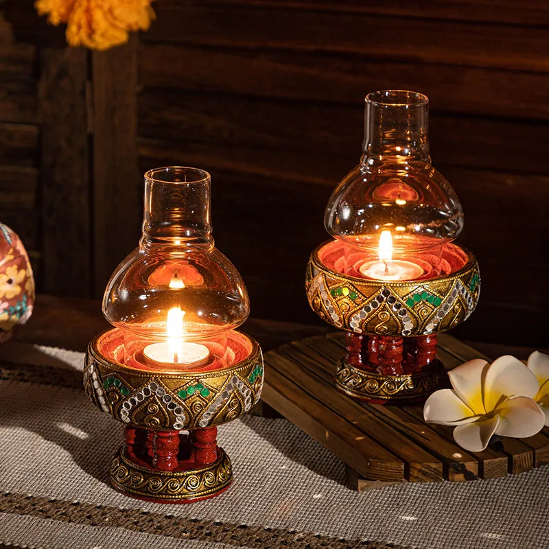 Solid Wood Candle Holder Retro Windproof Lantern Creative Southeast Asian Decor Figurine Dining Table Altar Tabletop Display