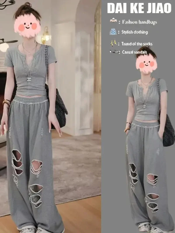 

Летний модный женский комплект: футболка с V-образным вырезом и коротким рукавом, брюки с высокой талией и перфорацией, облегающий и удобный стиль