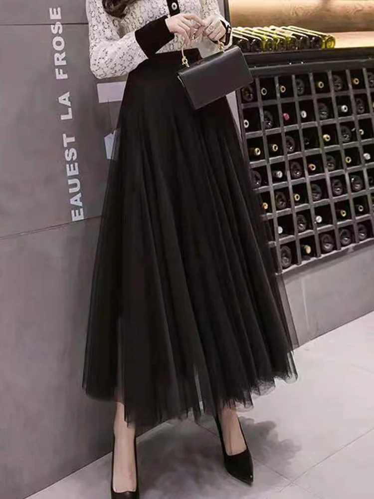 Mesh New Summer A-line Long Skirt Women High Waist Elegant Ladies Pleated Streetwear Elastic