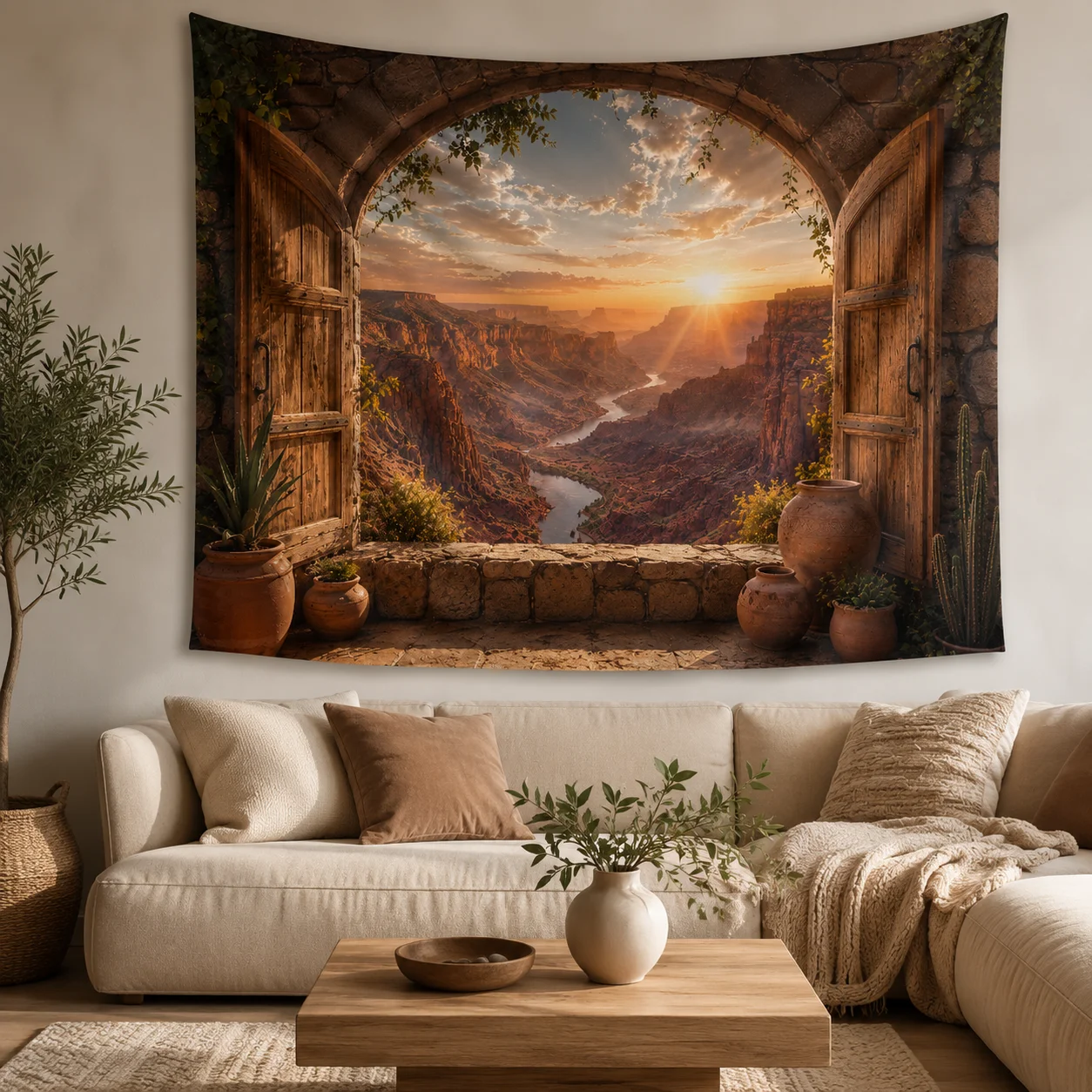 3D Arch Door Canyon Sunset Wall Tapestry Desert Cactus Landscape Wall Hanging Aesthetic Home Decor Housewarming Gift