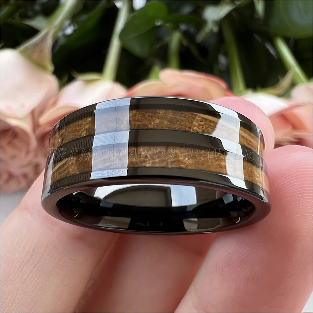 8 mm Herren- und Damenring, Wolfram-Ehering, Paar-Modeschmuck, Whiskyfass, Holzeinlage, poliert, glänzend, bequeme Passform – Detail 1