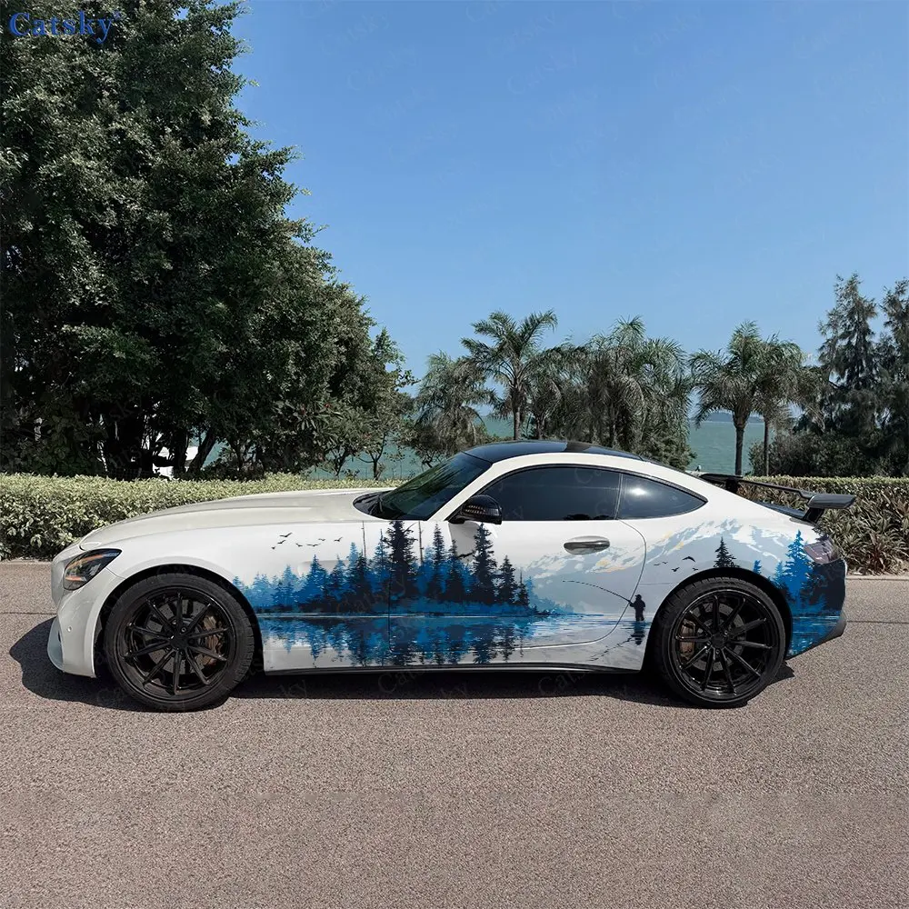 Fishing Joy In Forest Stream Car Side Wraps, Self-Adhesive PVC Waterproof & Scratch-Resistant Stickers, Car Accessory Gift