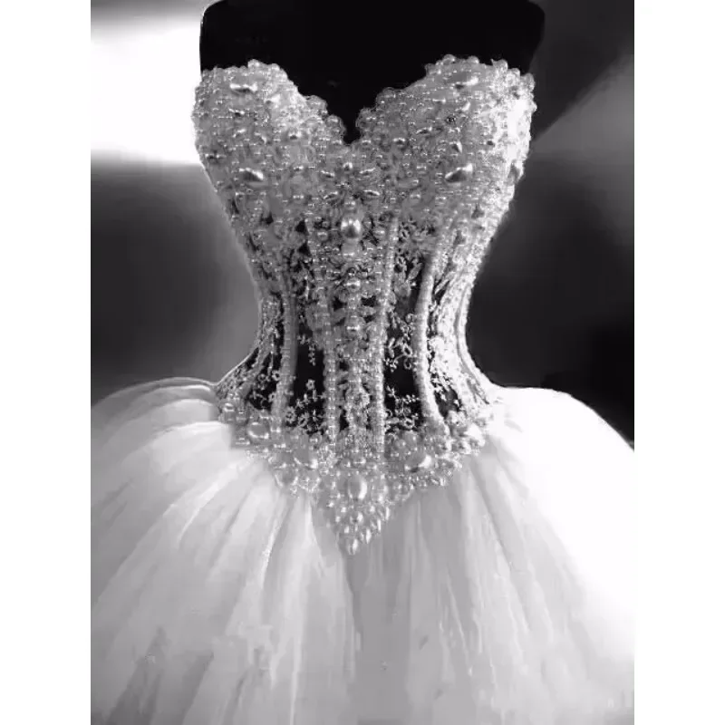 Customized Bling Sweetheart Corset Bodice Sheer Bridal Ball Crystal Pearls Beads Rhinestones Tulle Wedding Bridal Gowns