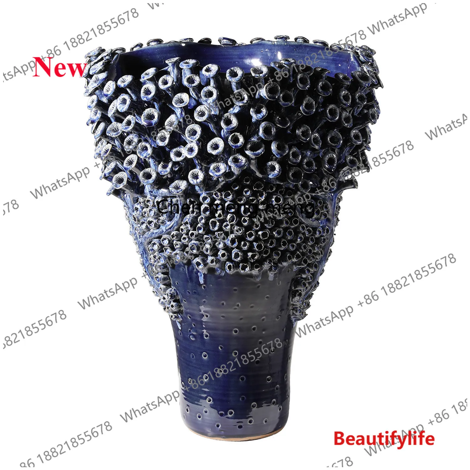 

a17 Deep sea bionic flower vase dark blue glazed wild texture home ornament