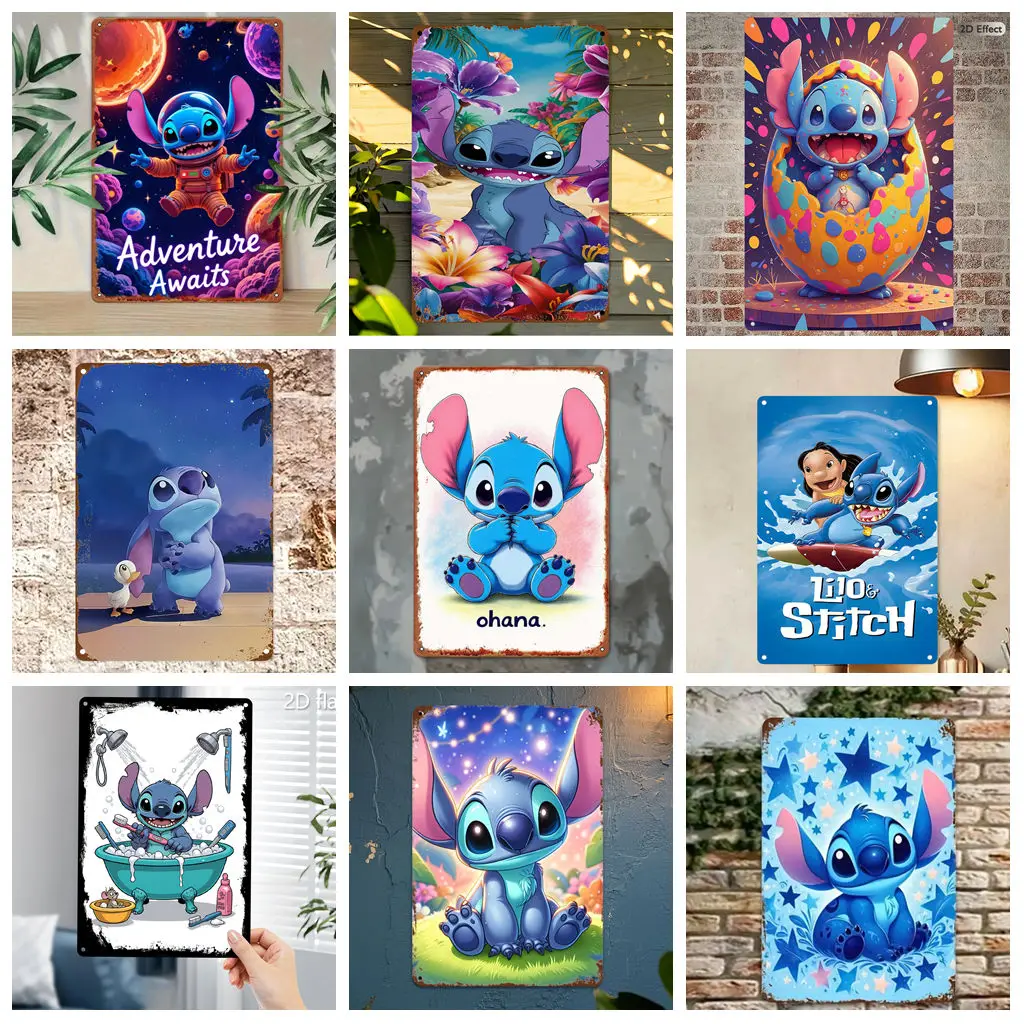 

Miniso Stitch Cute Scene Tin Sign Home Decor Wall Decor Art Wall Mural Room Decoration Decor Retro Metal Sign Plate Bar Posters