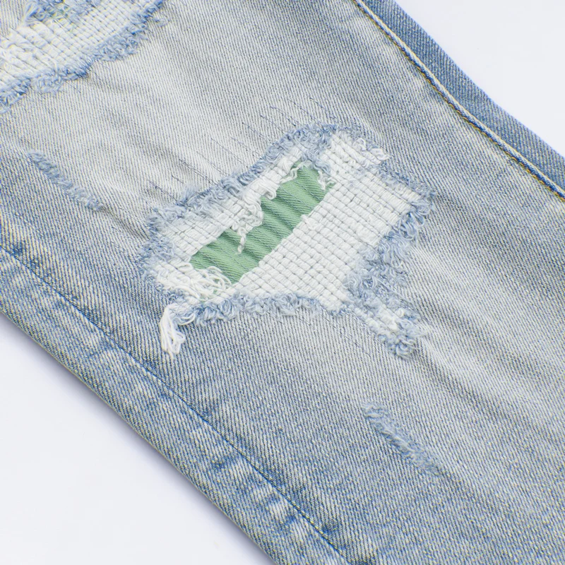 

Y2K fashion men's retro light blue high-quality jeans elastic tight green patch leather jeans hip-hop brand pants hombre