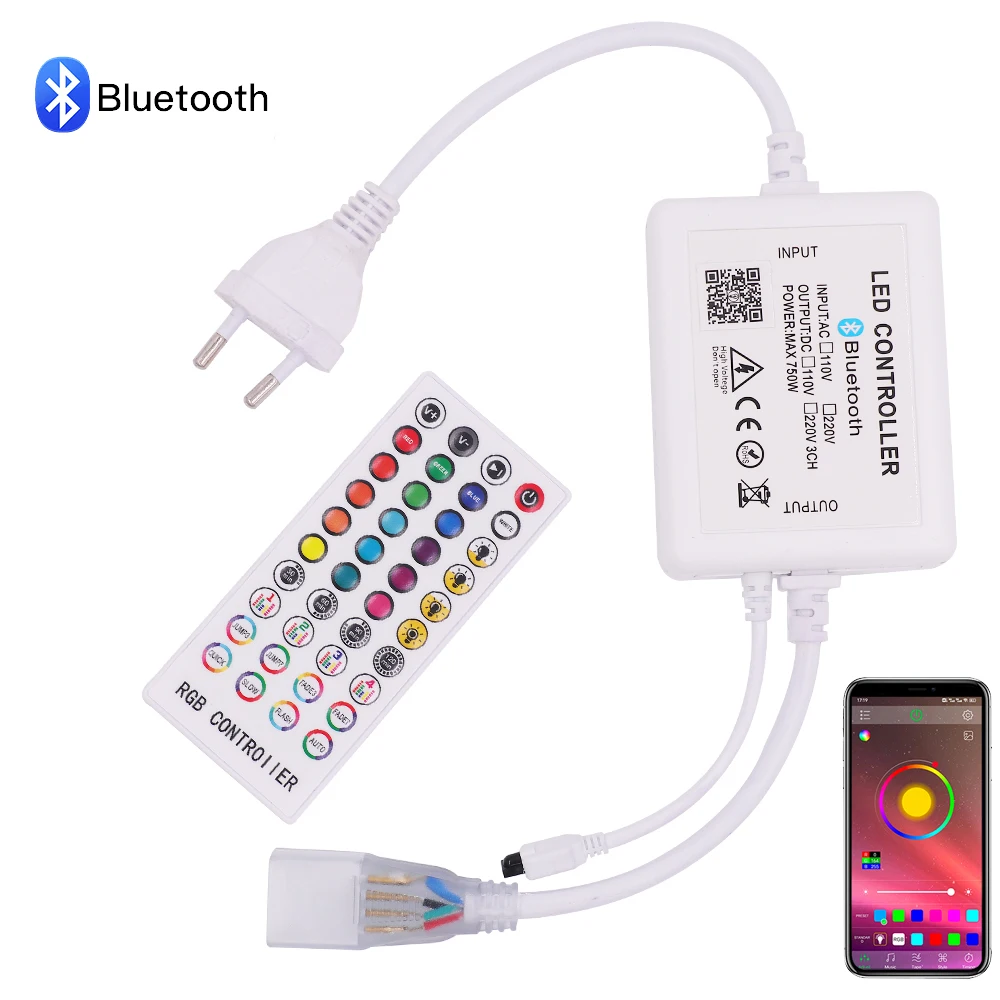 Bluetooth Control RGB Controller AC 220V 110V 750W Remote App Musice Control for RGB 5050 60Leds/m led strip