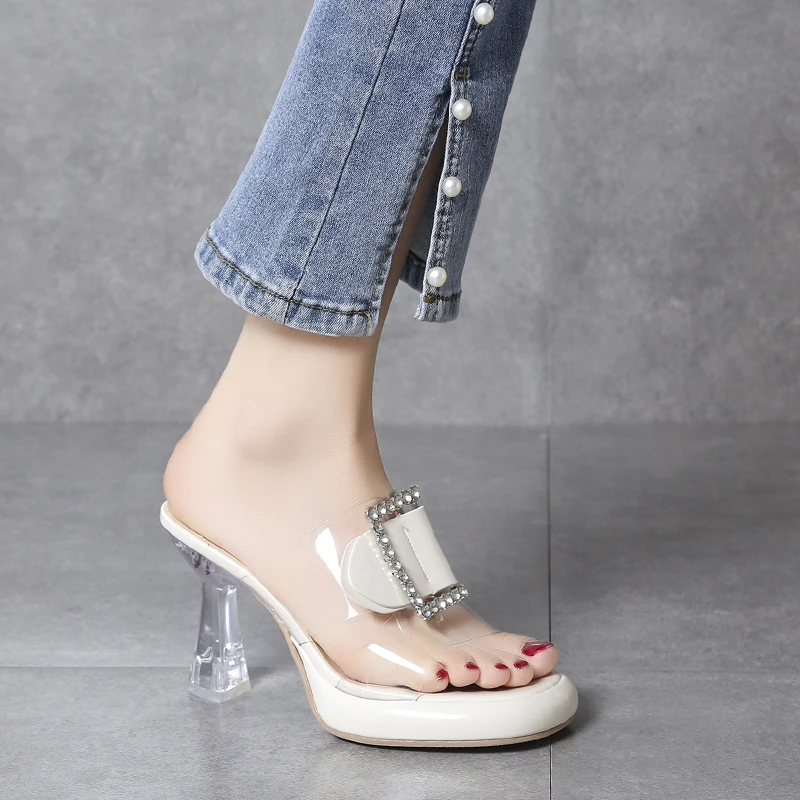 Clear High Heels Sandals Women New Summer Shoes Women Mules Metal Buckle Slides Peep Toe Transparent Female Shoes Square Buckle
